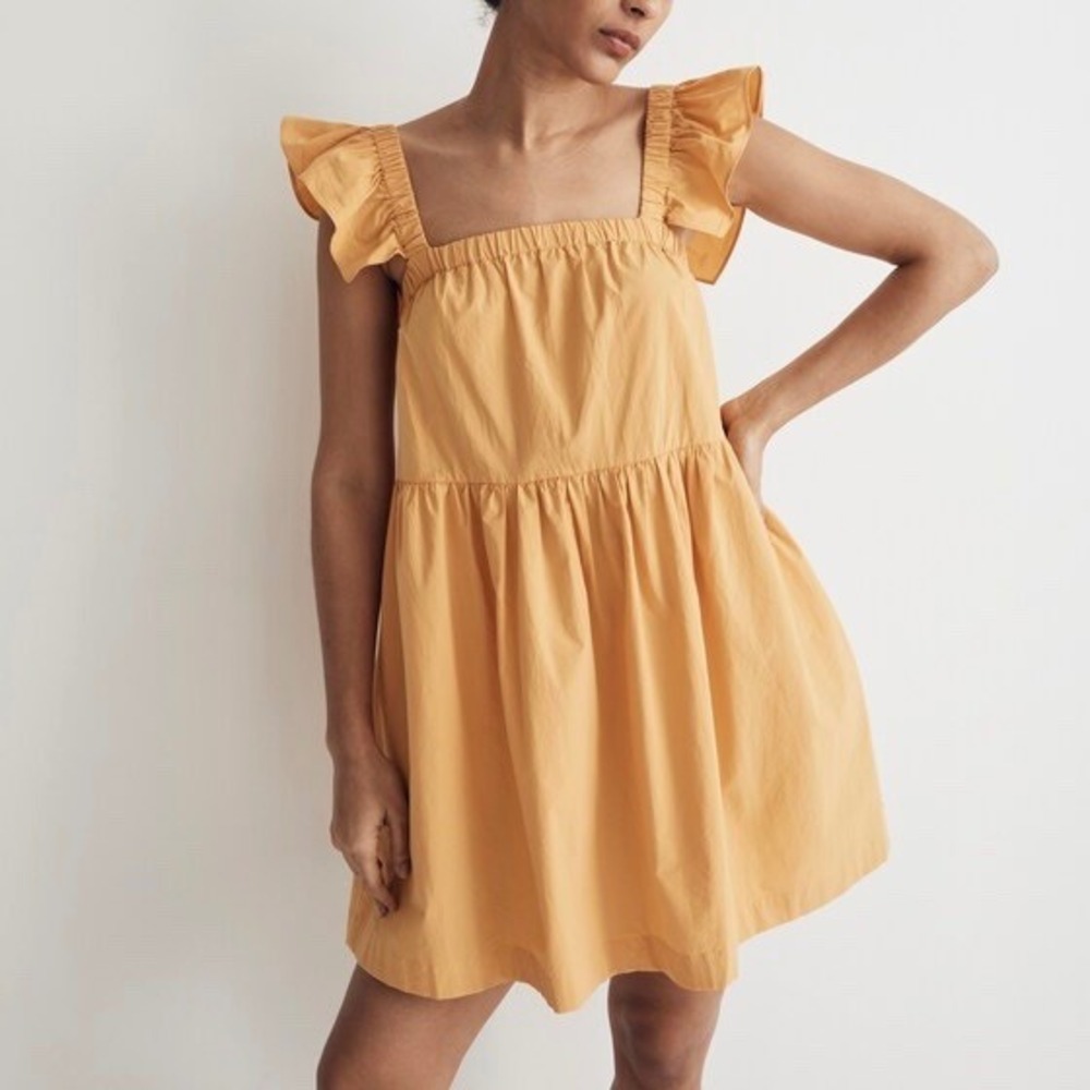 Madewell Autumn Wheat Yellow Flutter-Sleeve Square-Neck Mini Dress Large